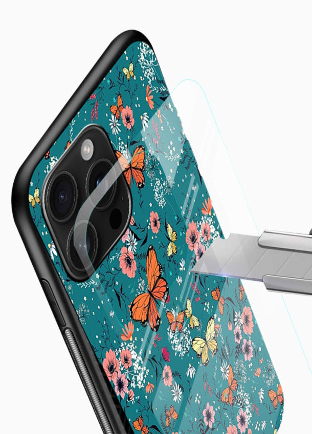 Teal Butterfly Florals botanical butterfly pattern glossy vibrant premium glass back cover - Angle Blade