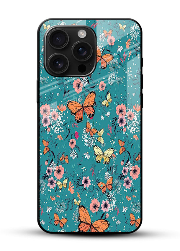 Teal Butterfly Florals botanical butterfly pattern glossy vibrant premium glass back cover - Angle Front