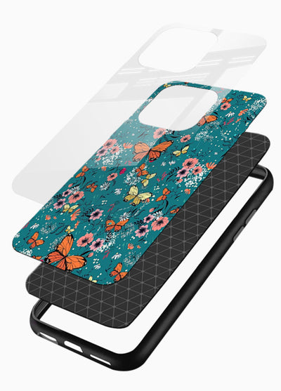 Teal Butterfly Florals botanical butterfly pattern glossy vibrant premium glass back cover - Angle Layers