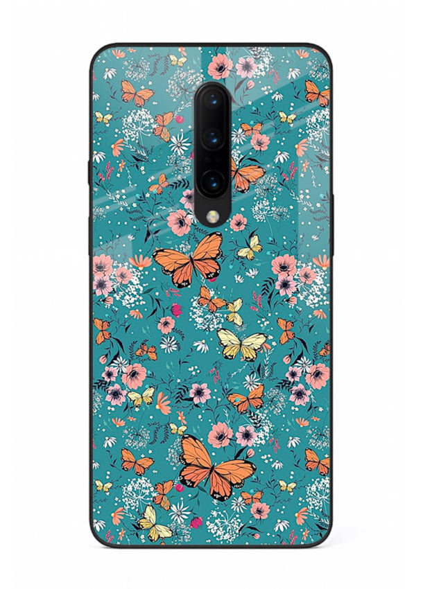 Teal Butterfly Florals botanical butterfly pattern OnePlus 7 Pro glass back cover