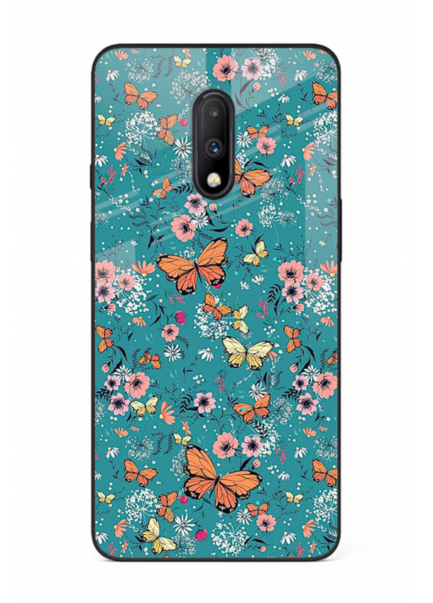 Teal Butterfly Florals botanical butterfly pattern OnePlus 7 glass back cover