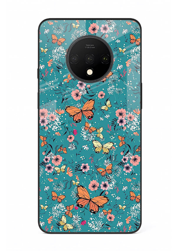 Teal Butterfly Florals botanical butterfly pattern OnePlus 7T glass back cover
