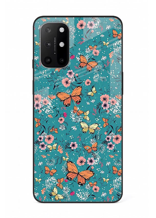Teal Butterfly Florals botanical butterfly pattern OnePlus 8T glass back cover