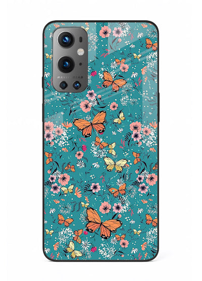Teal Butterfly Florals botanical butterfly pattern OnePlus 9 glass back cover