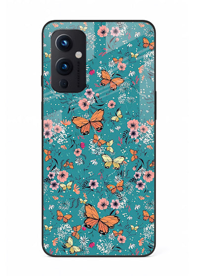 Teal Butterfly Florals botanical butterfly pattern OnePlus 9 Pro glass back cover