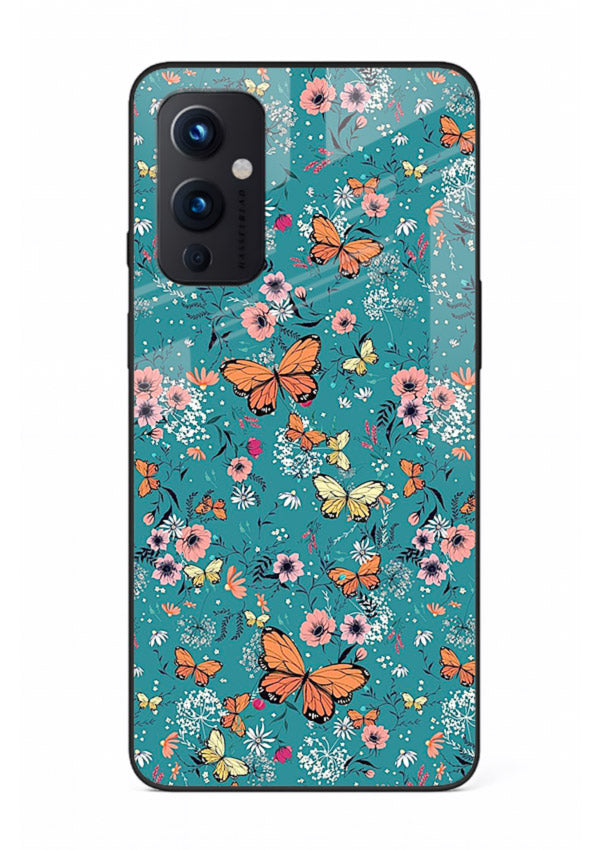 Teal Butterfly Florals botanical butterfly pattern OnePlus 9 Pro glass back cover