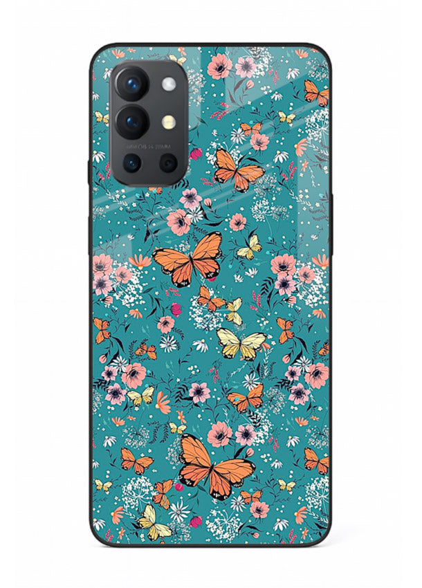 Teal Butterfly Florals botanical butterfly pattern OnePlus 9R glass back cover