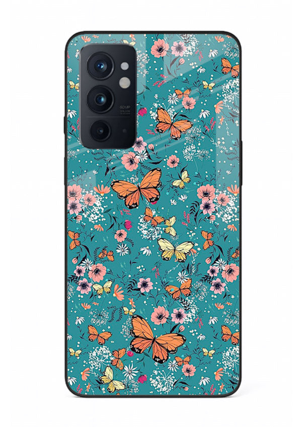 Teal Butterfly Florals botanical butterfly pattern OnePlus 9RT glass back cover