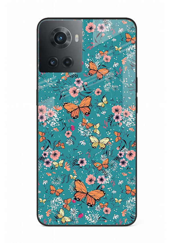 Teal Butterfly Florals botanical butterfly pattern OnePlus 10R glass back cover