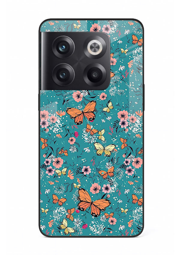 Teal Butterfly Florals botanical butterfly pattern OnePlus 10T glass back cover