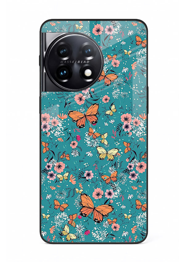 Teal Butterfly Florals botanical butterfly pattern OnePlus 11 glass back cover