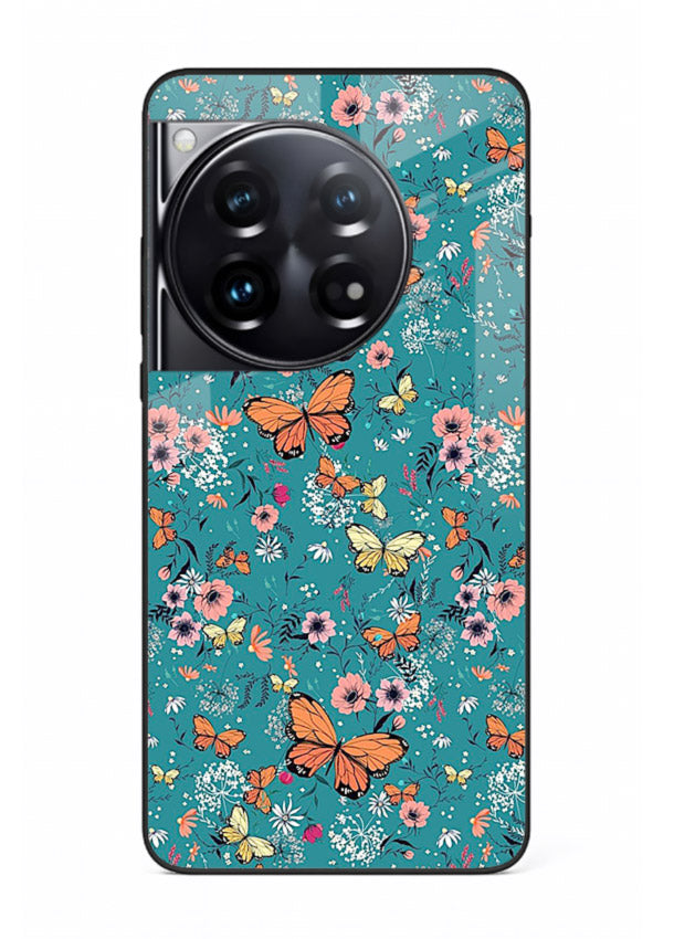 Teal Butterfly Florals botanical butterfly pattern OnePlus 12 glass back cover