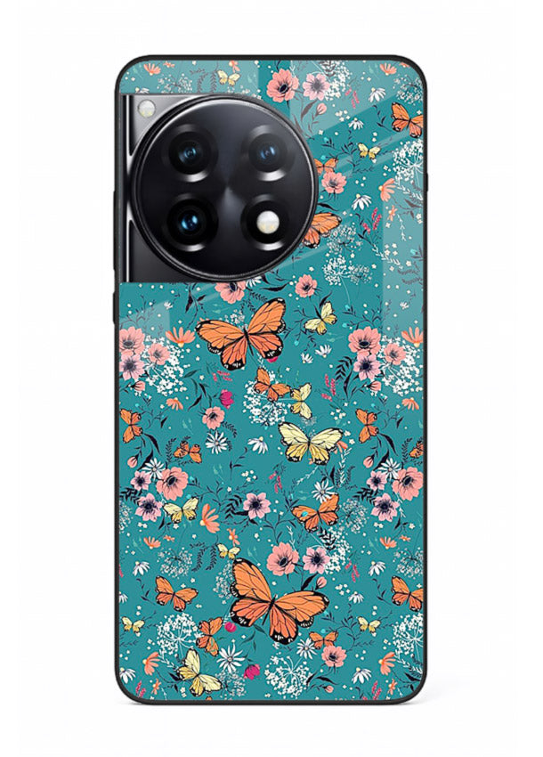 Teal Butterfly Florals botanical butterfly pattern OnePlus 12R glass back cover