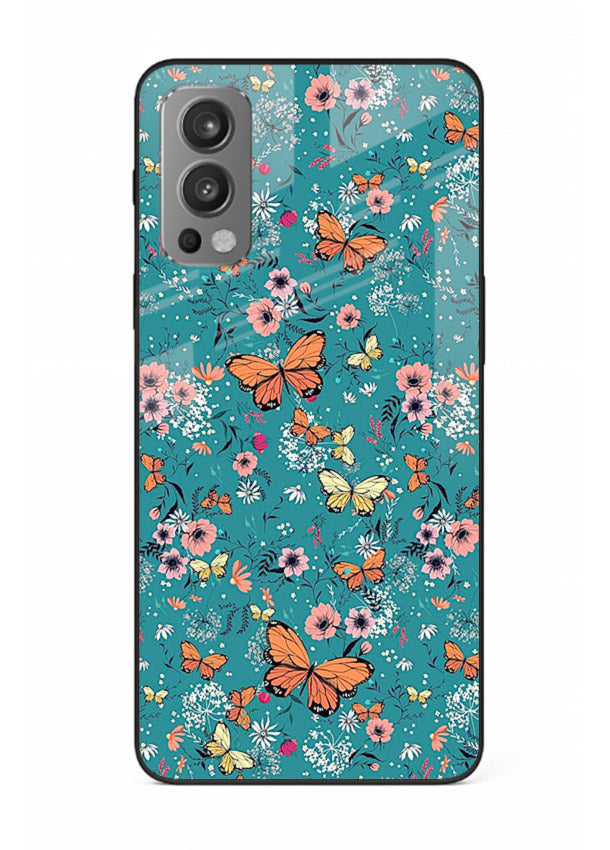 Teal Butterfly Florals botanical butterfly pattern OnePlus Nord 2 glass back cover