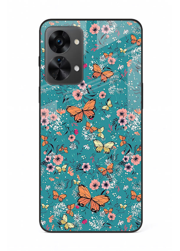 Teal Butterfly Florals botanical butterfly pattern OnePlus Nord 2T glass back cover