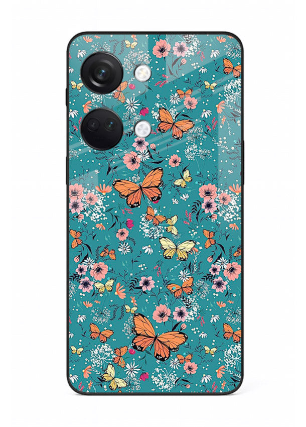Teal Butterfly Florals botanical butterfly pattern OnePlus Nord 3 glass back cover