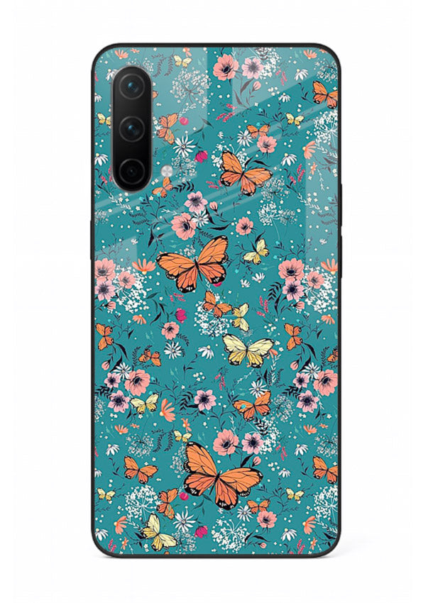 Teal Butterfly Florals botanical butterfly pattern OnePlus Nord CE 5G glass back cover