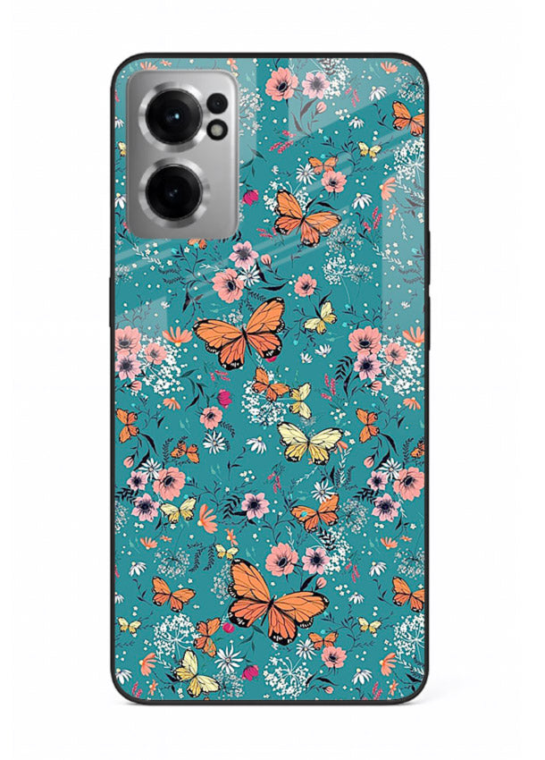 Teal Butterfly Florals botanical butterfly pattern OnePlus Nord CE2 5G glass back cover
