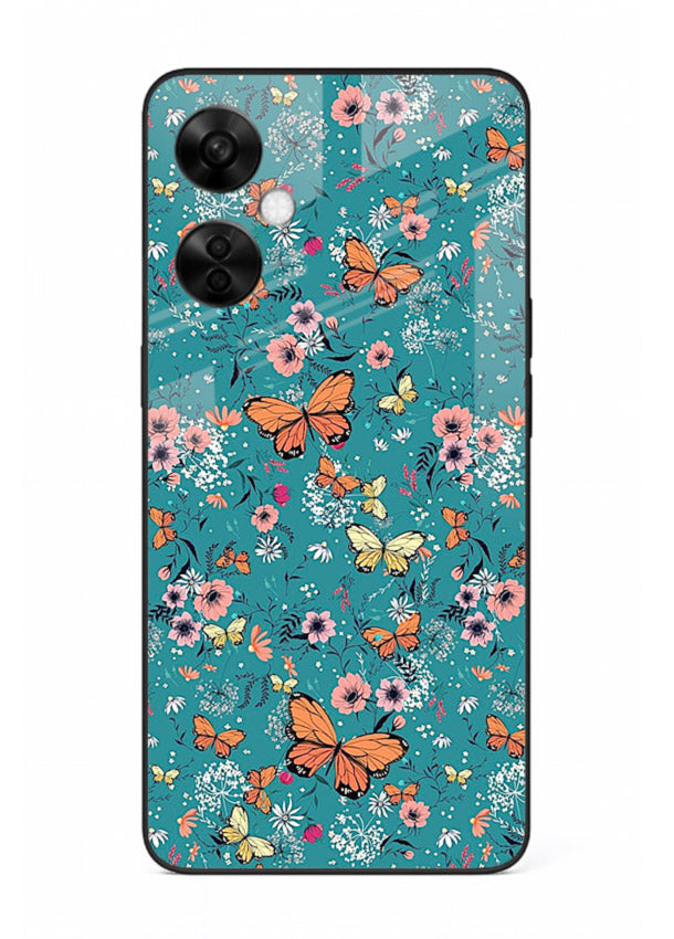 Teal Butterfly Florals botanical butterfly pattern OnePlus Nord CE3 Lite glass back cover