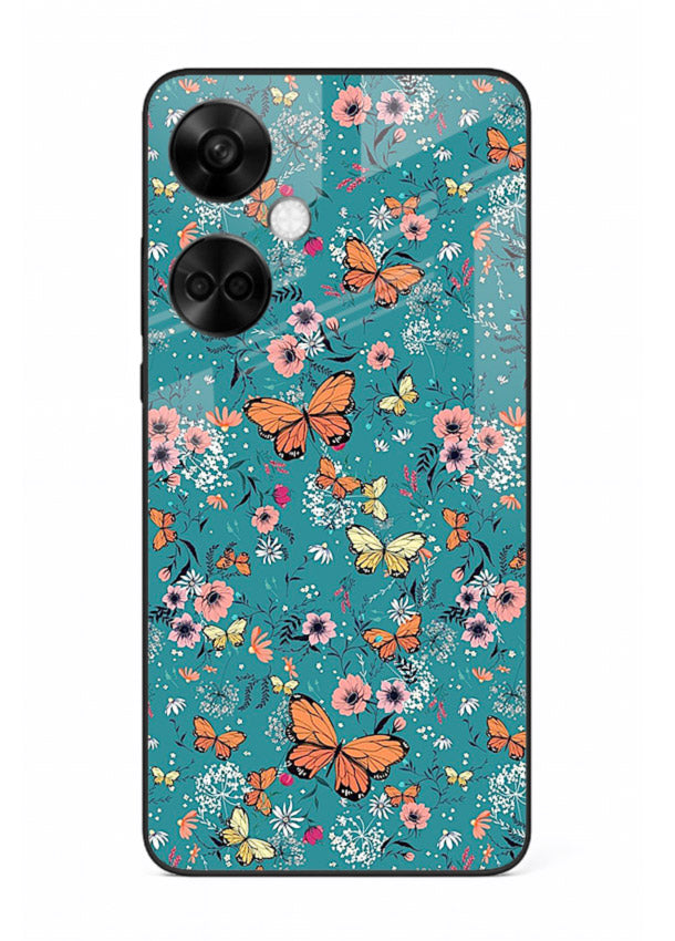 Teal Butterfly Florals botanical butterfly pattern OnePlus Nord CE3 glass back cover