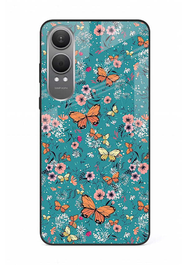 Teal Butterfly Florals botanical butterfly pattern OnePlus Nord CE4 Lite glass back cover