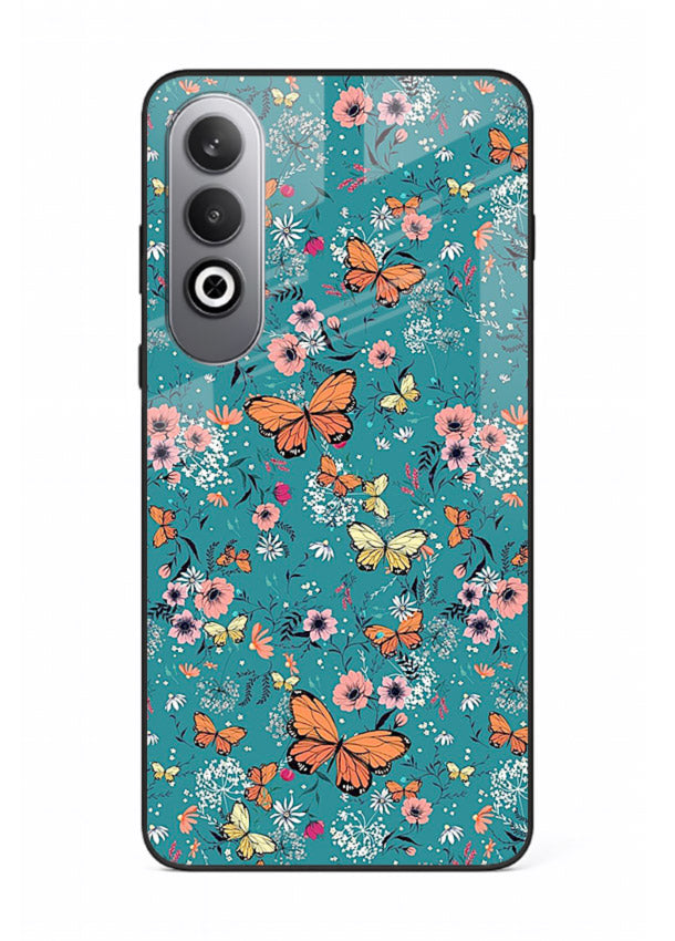 Teal Butterfly Florals botanical butterfly pattern OnePlus Nord CE4 glass back cover