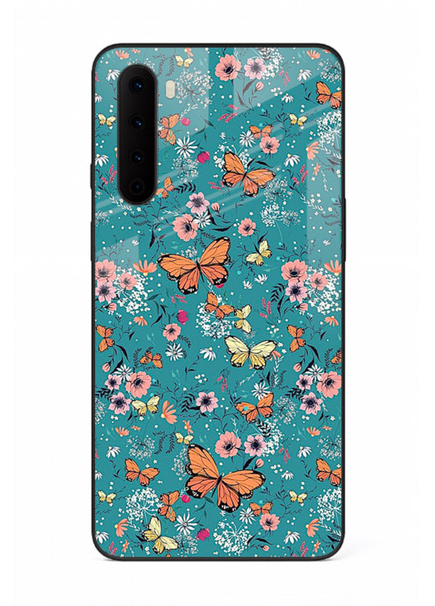 Teal Butterfly Florals botanical butterfly pattern OnePlus Nord glass back cover