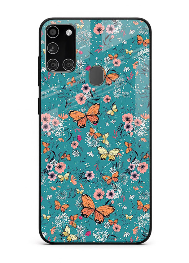 Teal Butterfly Florals botanical butterfly pattern Samsung A21s glass back cover