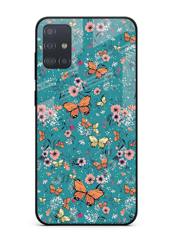Teal Butterfly Florals botanical butterfly pattern Samsung A71 glass back cover