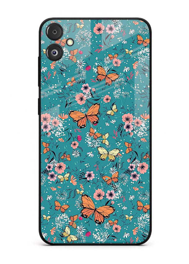 Teal Butterfly Florals botanical butterfly pattern Samsung F05 5G glass back cover