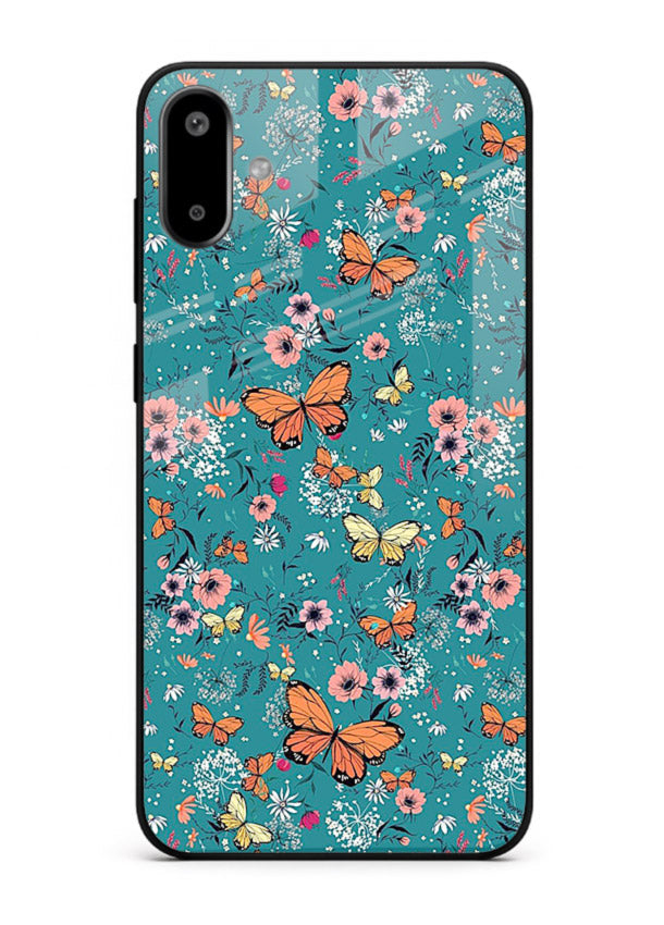 Teal Butterfly Florals botanical butterfly pattern Samsung F06 5G glass back cover