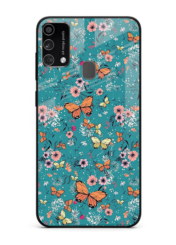 Teal Butterfly Florals botanical butterfly pattern Samsung F41 glass back cover