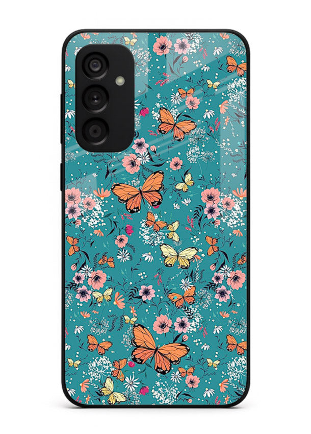 Teal Butterfly Florals botanical butterfly pattern Samsung M14 4G glass back cover