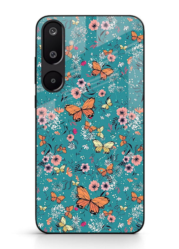 Teal Butterfly Florals botanical butterfly pattern Samsung M16 5G glass back cover