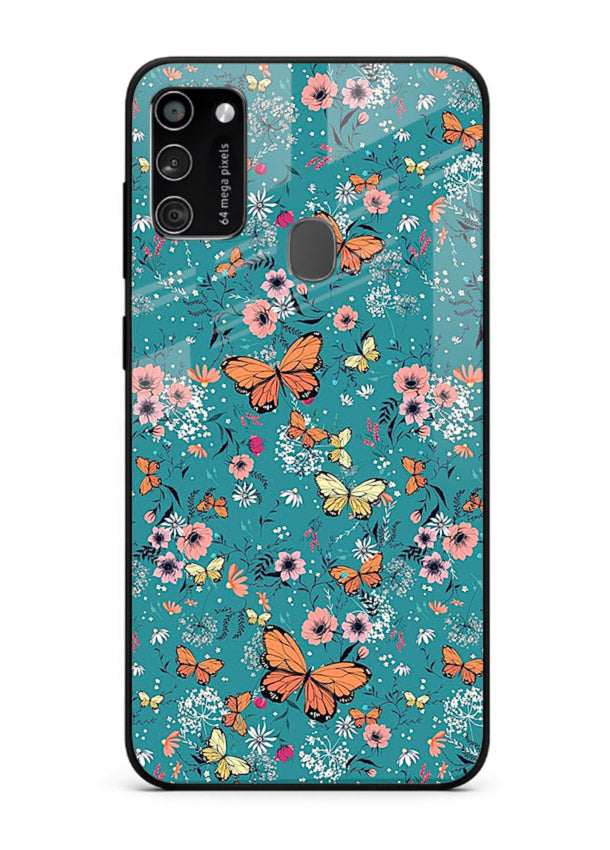 Teal Butterfly Florals botanical butterfly pattern Samsung M30s glass back cover