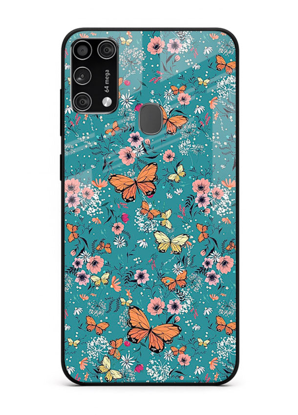 Teal Butterfly Florals botanical butterfly pattern Samsung M31 Prime glass back cover