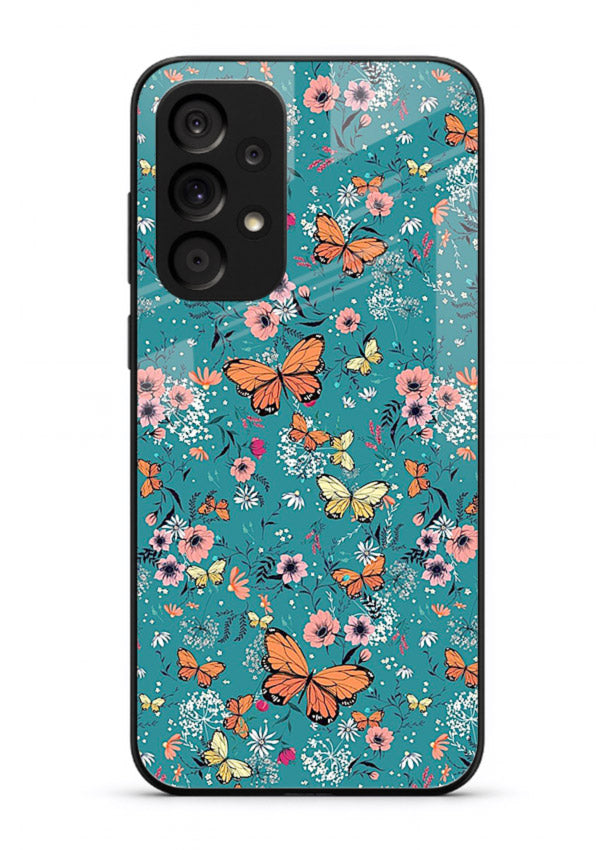 Teal Butterfly Florals botanical butterfly pattern Samsung A53 5G glass back cover