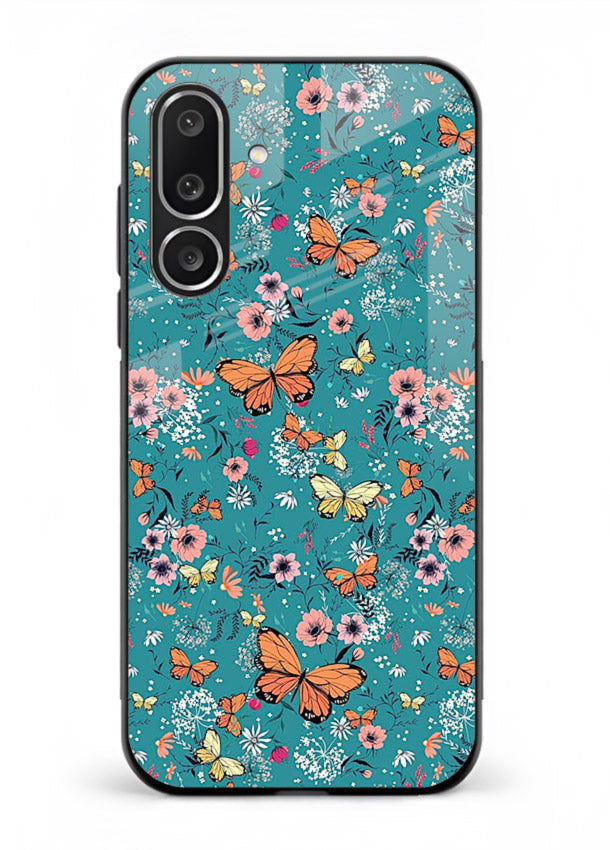 Teal Butterfly Florals botanical butterfly pattern Samsung F56 5G glass back cover