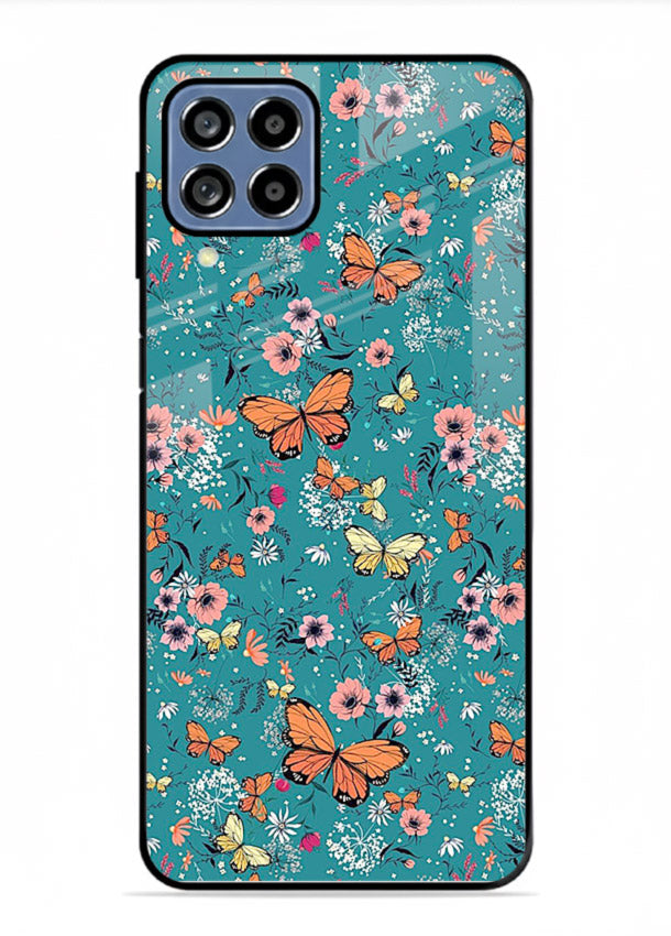 Teal Butterfly Florals botanical butterfly pattern Samsung M33 5G glass back cover