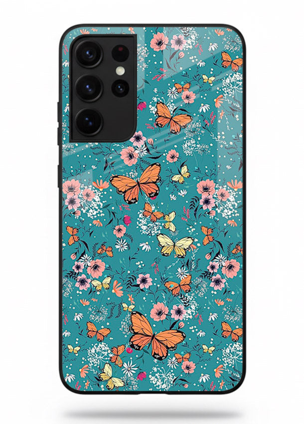 Teal Butterfly Florals botanical butterfly pattern Samsung S21 Ultra glass back cover