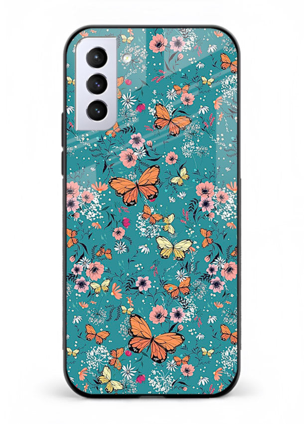 Teal Butterfly Florals botanical butterfly pattern Samsung S21 FE glass back cover