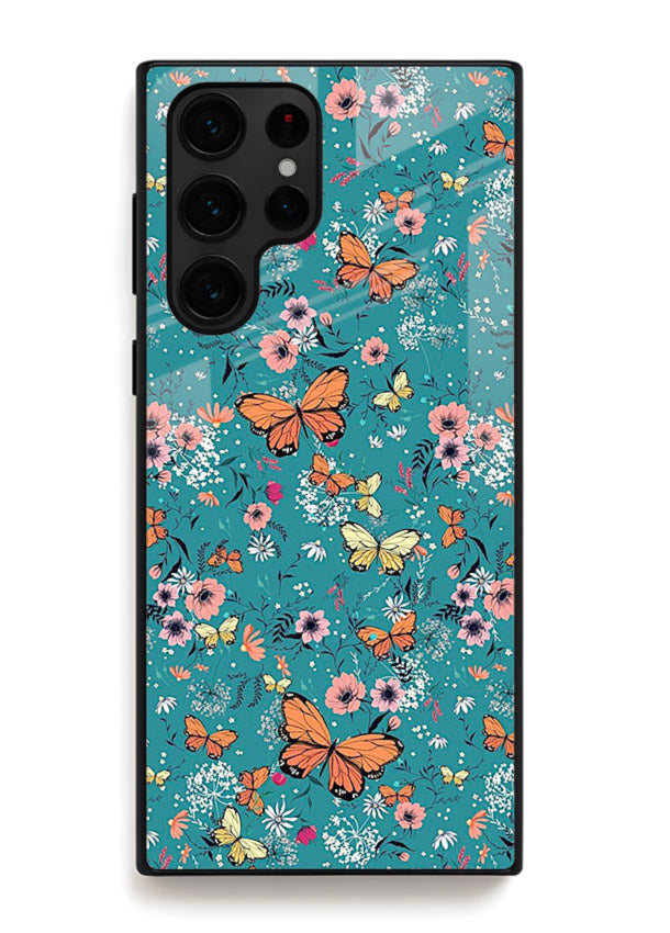 Teal Butterfly Florals botanical butterfly pattern Samsung S25 Ultra glass back cover
