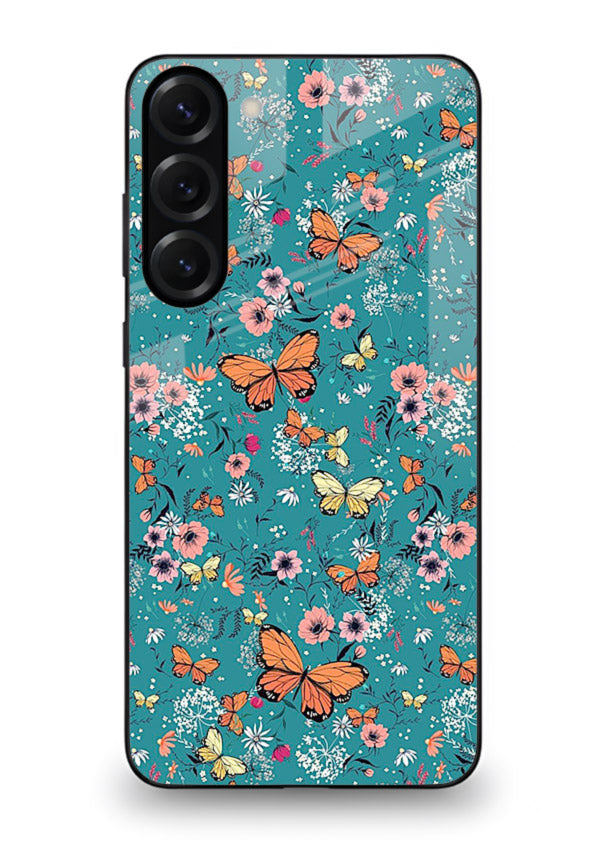 Teal Butterfly Florals botanical butterfly pattern Samsung S23 glass back cover