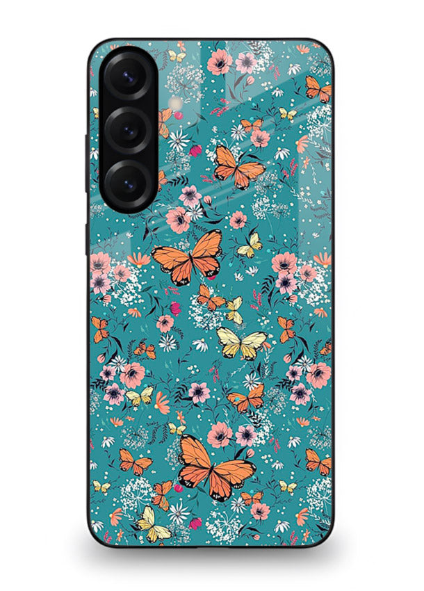 Teal Butterfly Florals botanical butterfly pattern Samsung M34 5G glass back cover