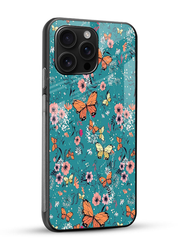 Teal Butterfly Florals botanical butterfly pattern glossy vibrant premium glass back cover - Angle Side