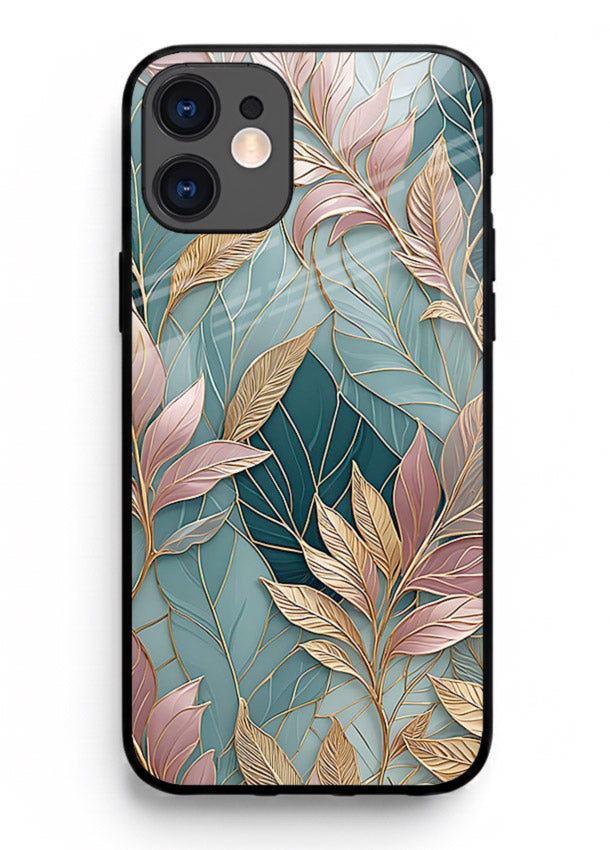 Teal leaf artwork on iphone 12 mini glass back cover with cool natural detailing.