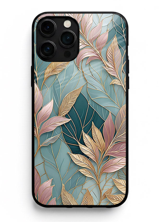 Teal leaf artwork on iphone 13 pro max glass back cover with cool natural detailing.