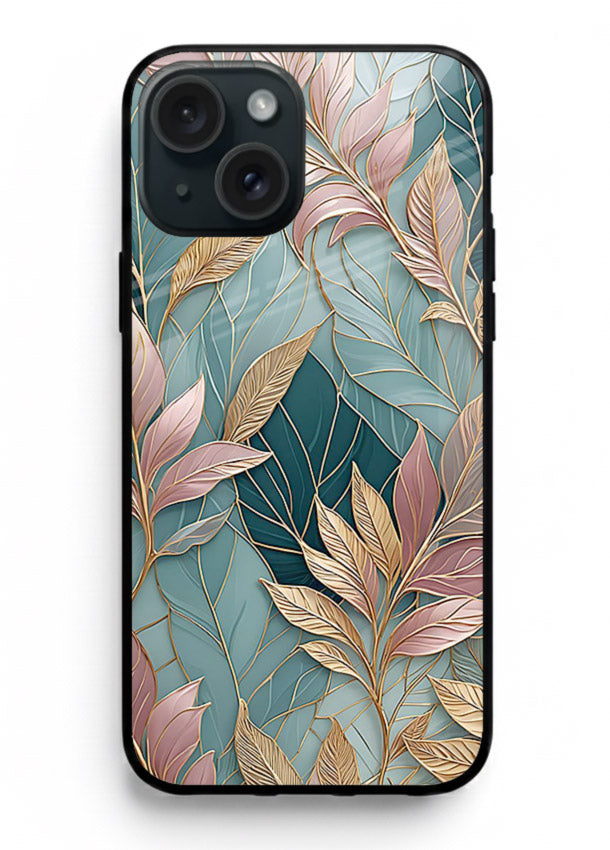 Teal leaf artwork on iphone 13 mini glass back cover with cool natural detailing.