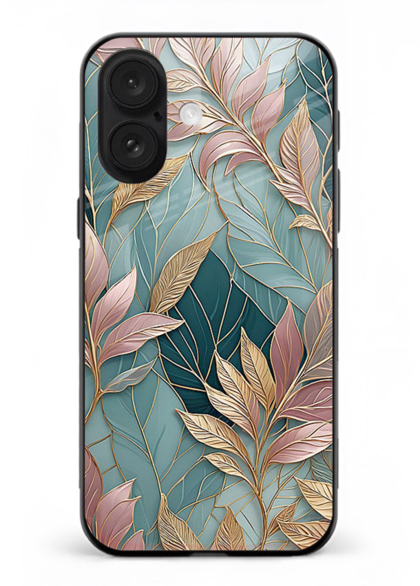 Teal leaf artwork on iphone 18 glass back cover with cool natural detailing.