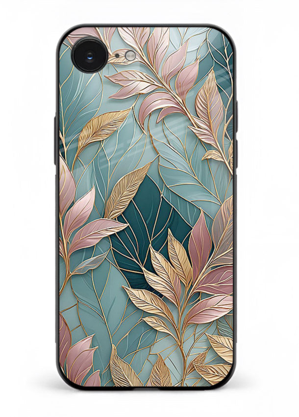 Teal leaf artwork on iphone 16e glass back cover with cool natural detailing.